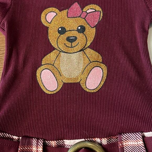 Lilt Burgundy Teddy Bear Plaid Belt Toddler Dress Size 4T - Picture 3 of 4